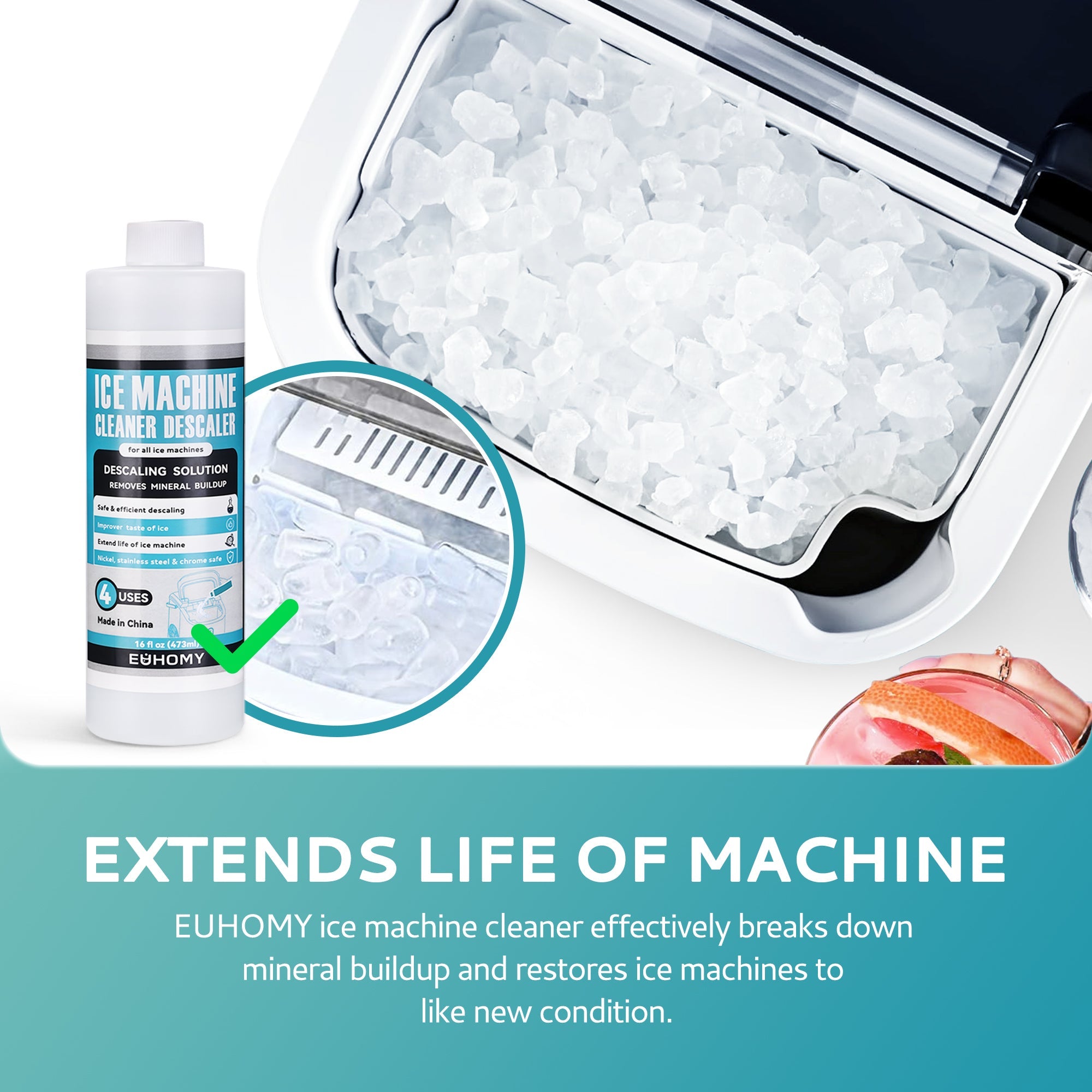 Euhomy Ice Maker Cleaner - 16/32 Fl OZ, Safe and Odor Free,  Powerful Cleansing, Universal Compatibility for Ice Makers